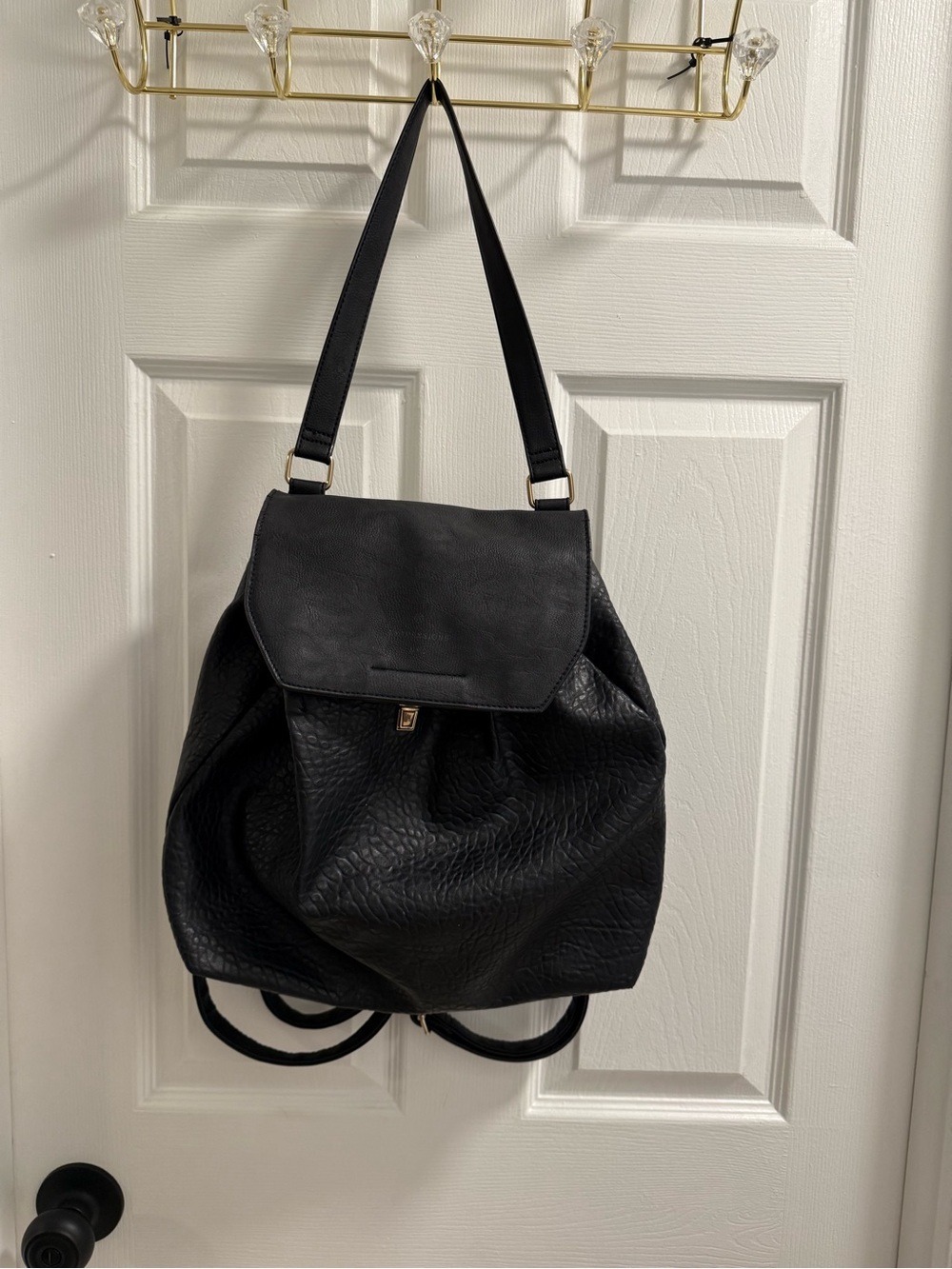 Classic Black Leather Backpack Purse - Women